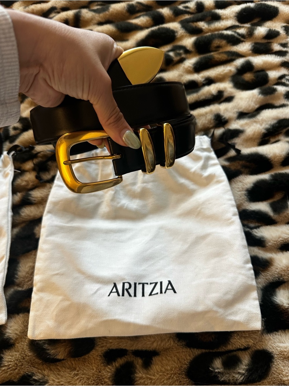 Aritzia Black Leather Belt with Gold Buckle and Loops